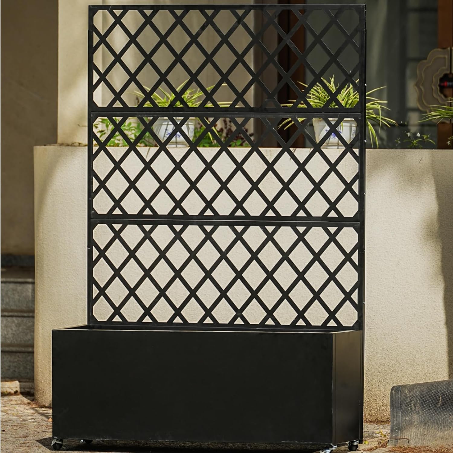 Garvee Mobile Black Galvanized Steel Raised Garden Bed with Trellis & Privacy Screen – Planter Box with Lockable Casters & Drainage Holes for Vegetables & Vines, Patio Deck or Yard – 71"X35"X16"
