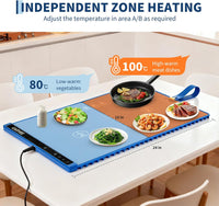 GARVEE 2-Zone Heating Food Mat - 24"X15" Warming Mat for Food Rollable Full-Surface Warmer with 6 Temp Settings & 3H Timer, Anti-Slip Heat-Insulated Pad for Meals (Blue)