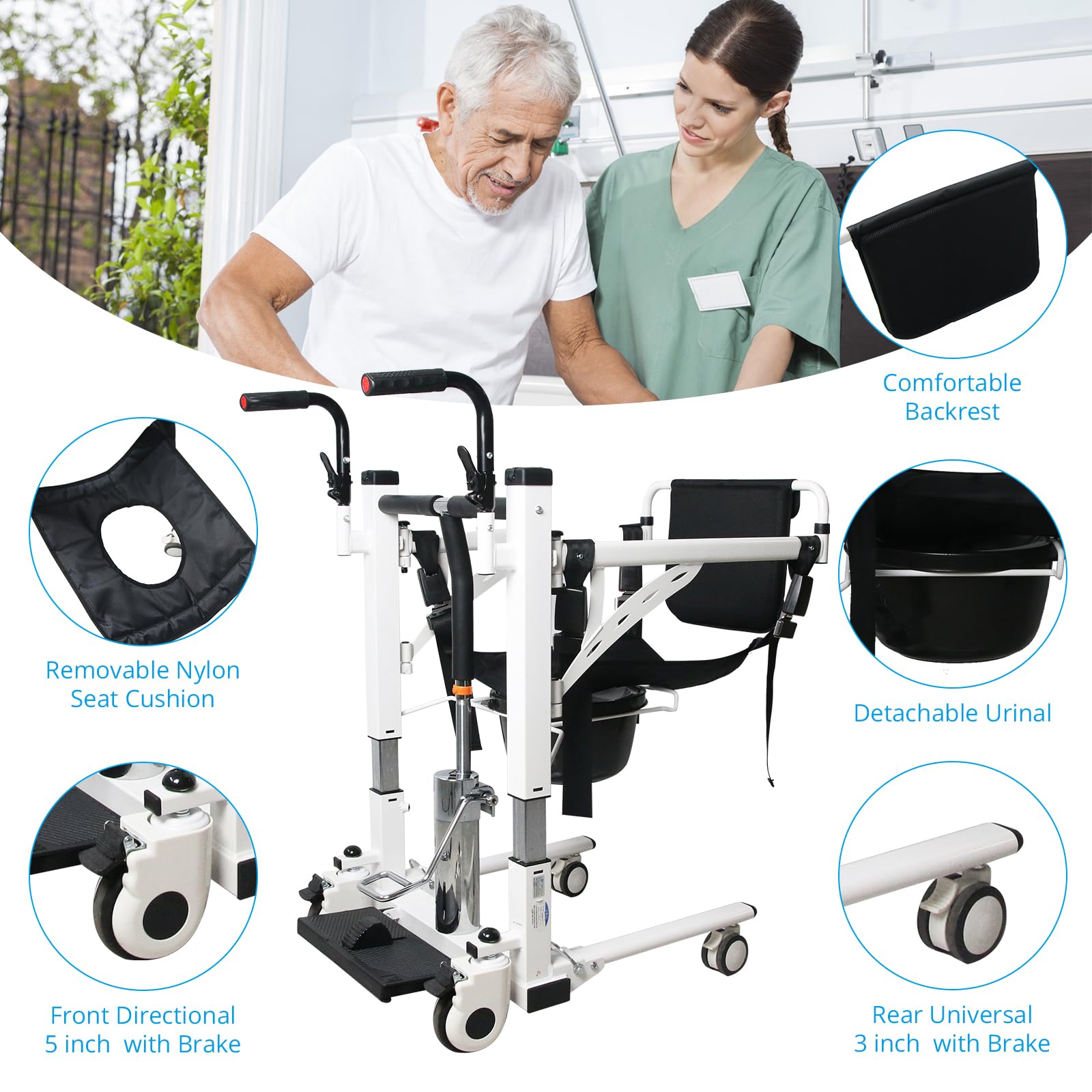 foot pedal lift hydraulic adjustable patient transfer chair Garvee Hydraulic Patient Transfer Lift Chair with Backrest and Commode, Adjustable Seat Height, Shower Chair, Elderly Lift-Assisted Bedside Toilet