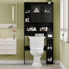 Garvee Modern Over The Toilet Storage Cabinet with Adjustable Shelf and Glass Door, Black - Black