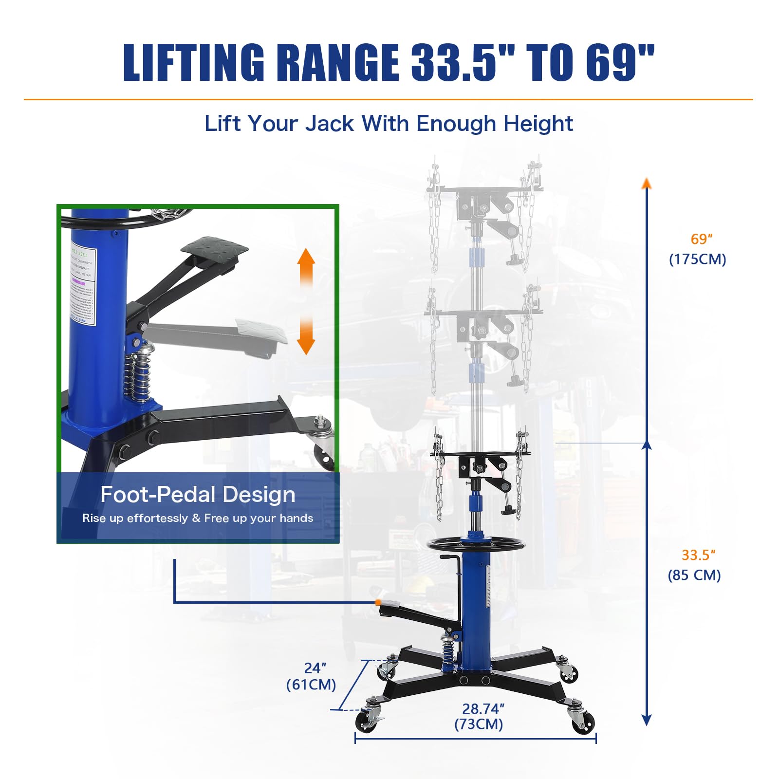 blue 2 stage transmission jack with 33.5 to 69 inch lift range