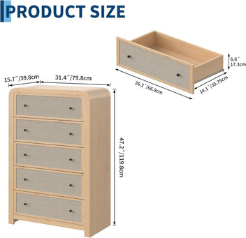 Garvee Tall 5-Drawer Dresser Chest for Bedroom, 47" Narrow Storage Organizer - Sturdy Wood Frame - Linen Drawer Fronts - Anti-Tip Kit, Log