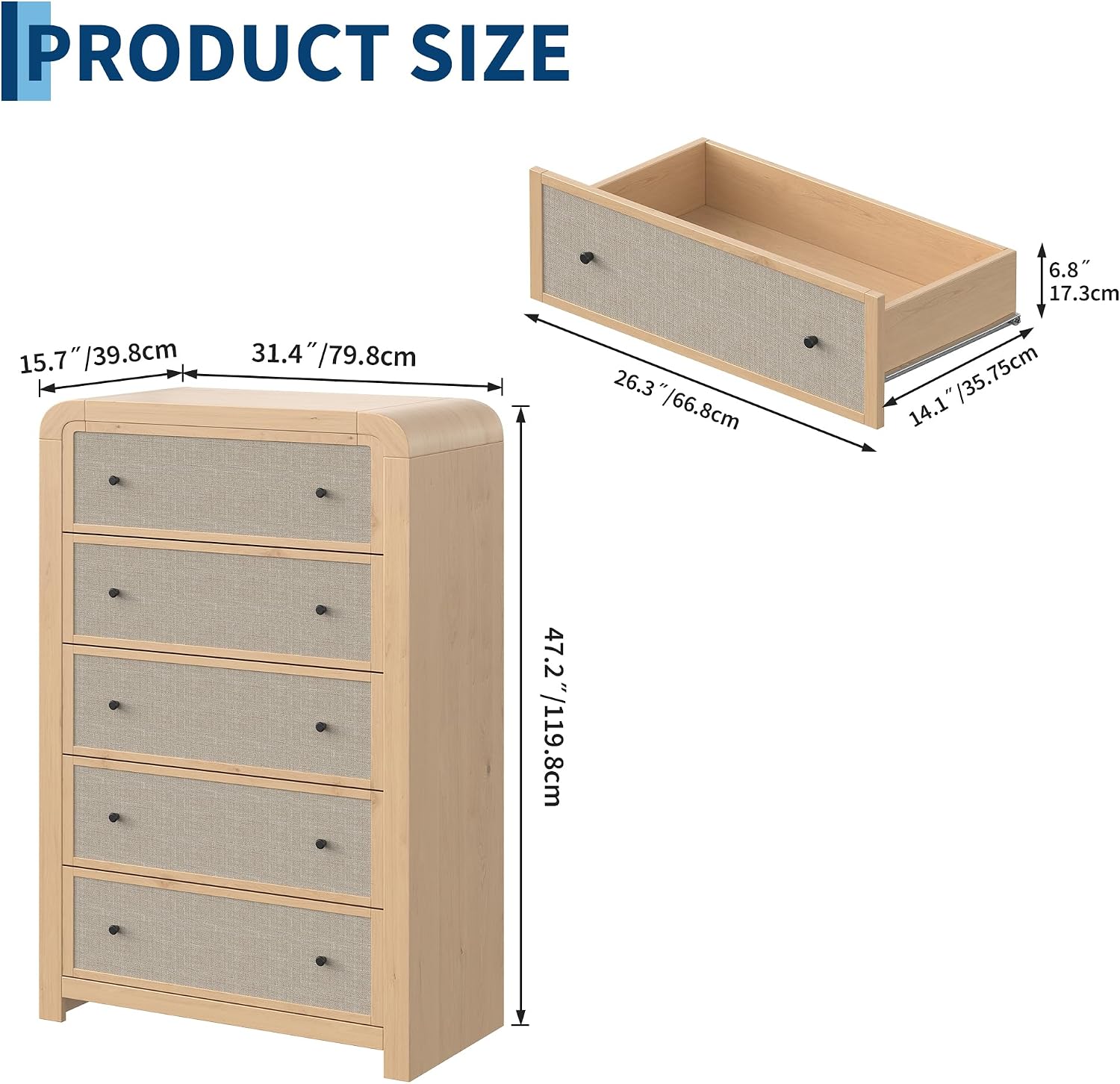 Garvee Tall 5-Drawer Dresser Chest for Bedroom, 47" Narrow Storage Organizer - Sturdy Wood Frame - Linen Drawer Fronts - Anti-Tip Kit, Log