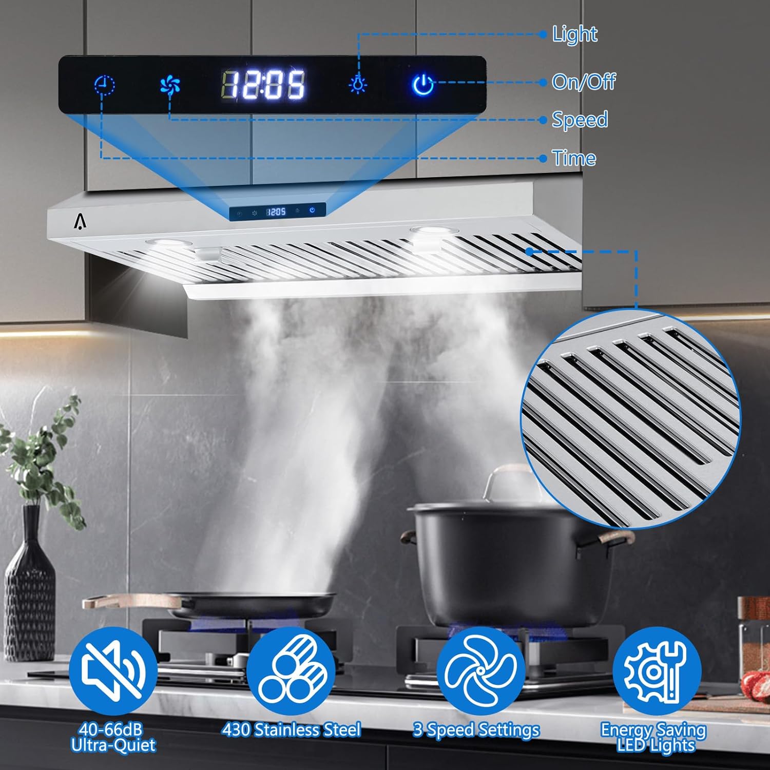30 Inch Under Cabinet Range Hood, Stainless Steel Stove Vent Hood, 3 Speed, Touch Screen, Dishwasher Safe Baffle Filter, LED Light, 400 CFM Powerful Suction