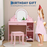Garvee Kids Vanity with Lighted Mirror & Stool, 2 In 1 Little Girls Vanity with Adjustable LED Light, Storage Drawer & Shelves for Girls 3-9, Pink