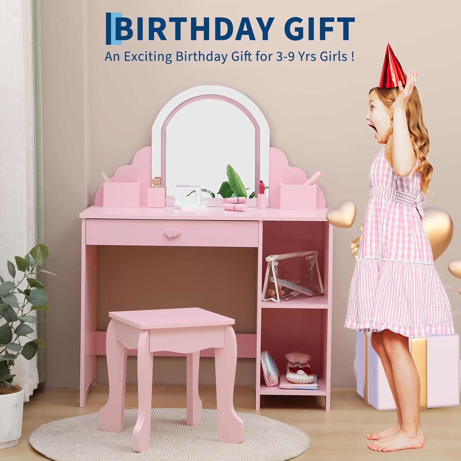 Garvee Kids Vanity with Lighted Mirror & Stool, 2 In 1 Little Girls Vanity and Wooden Makeup Playset with Adjustable LED Light, Storage Drawer & Shelves for Girls 3-9, Pink