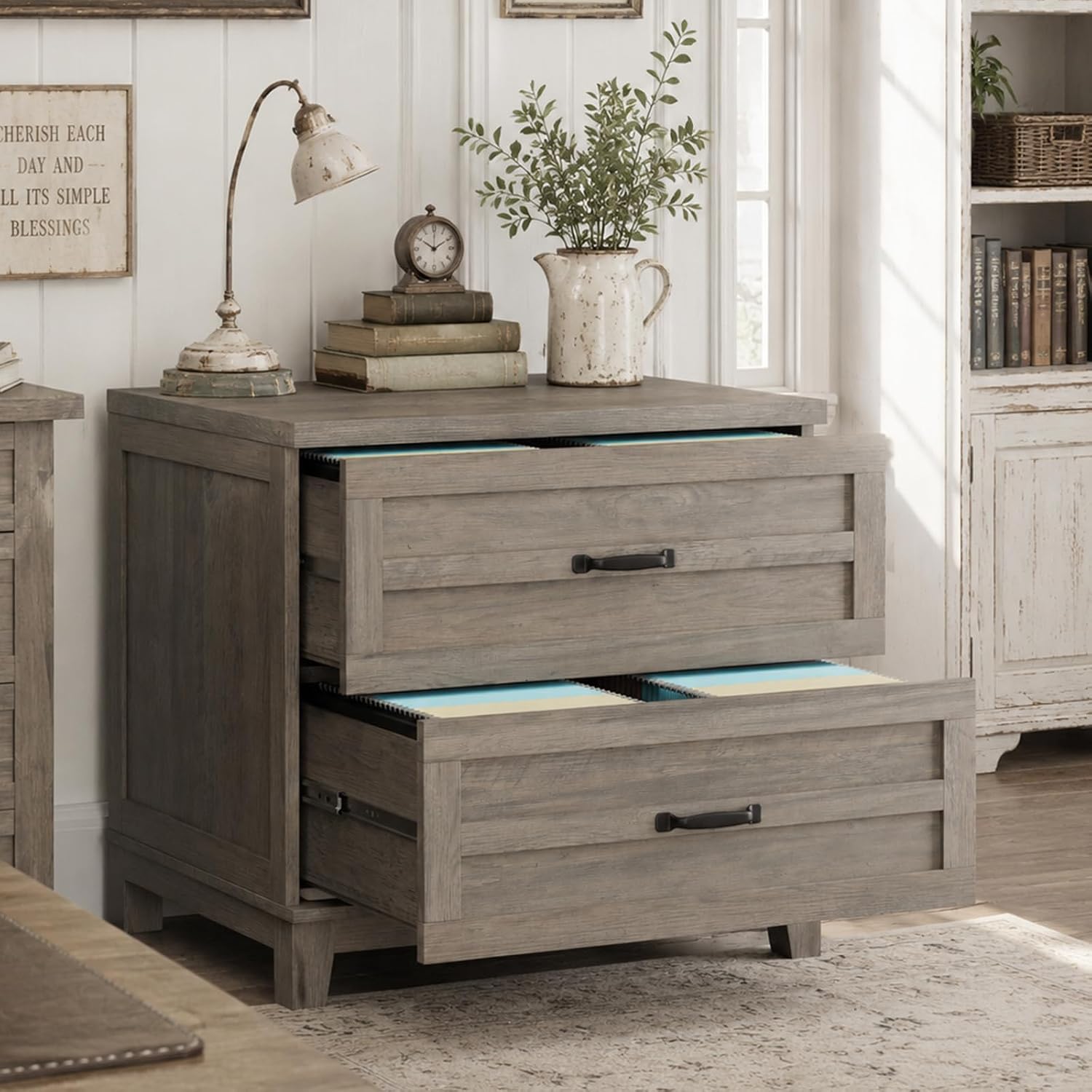 Garvee Farmhouse 2-Drawer Lateral Filing Cabinet - Wide Wood Organizer for A4/Letter/Legal Documents - Heavy-Duty Frame - Spacious Top - Ideal for Home Office or Living Room - Gray