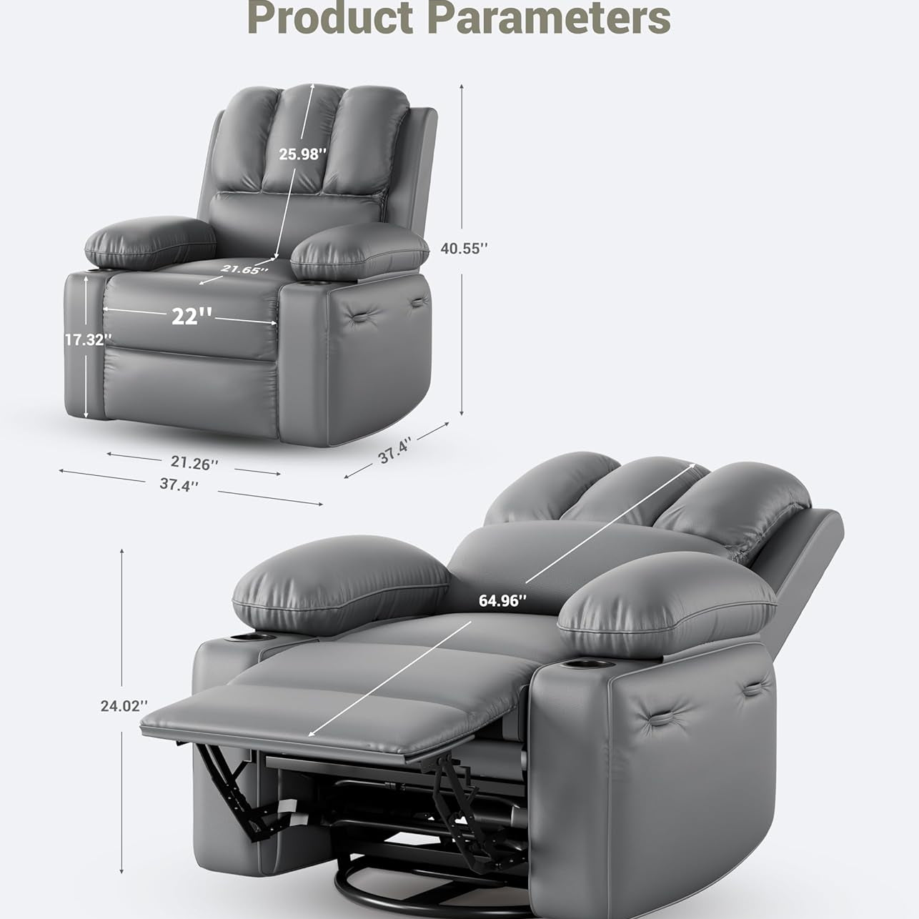 Garvee 22" Massage Recliner Chair for Adults, Lounge Recliner with Vibrating Massage, PU Leather Recliner with Cup Holders and Side Pockets, for Living Room, Bedroom, and Nursery, Grey
