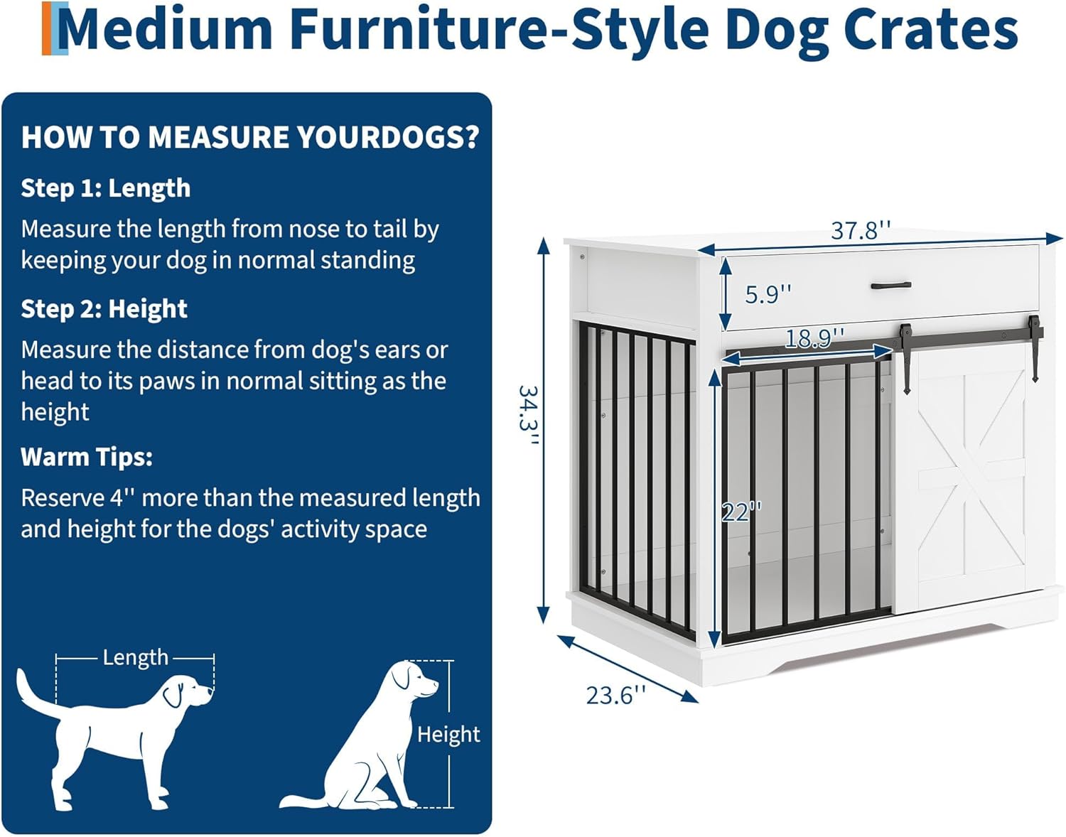 Garvee 37.8"W Dog Crate Furniture for Small/Medium Dogs, 2-in-1 Iron-Wood Fusion Dog Cage Indoor As Side End Table, Farmhouse Dogs Kennel with Sliding Barn Doors & Storage Drawer, White