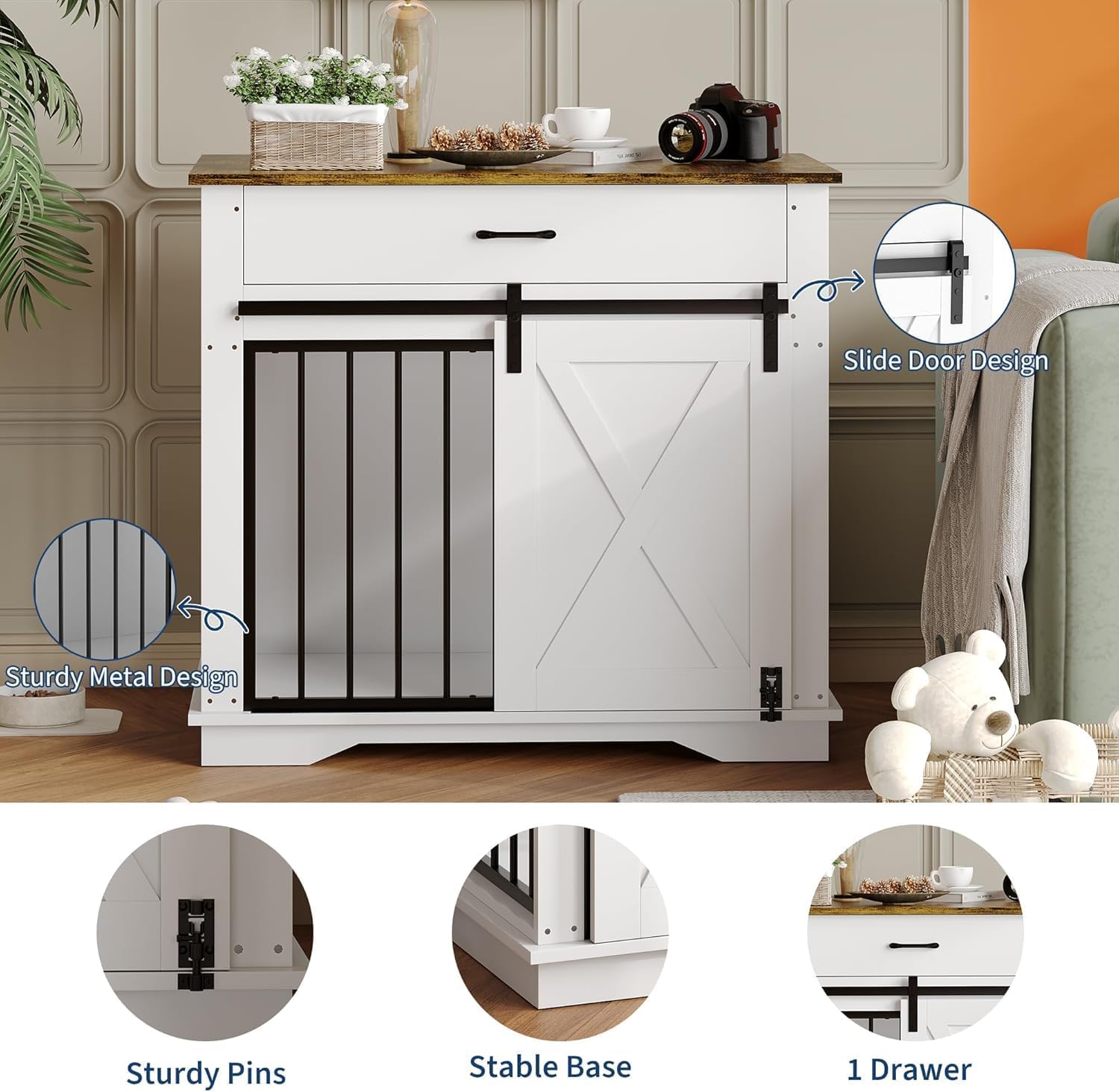 Garvee 38" Dog Crate Furniture, Wooden Dog Furniture with Sliding Door and Drawer, 2 in 1 Indoor Pet House and Side End Table for Small to Medium Dogs, White