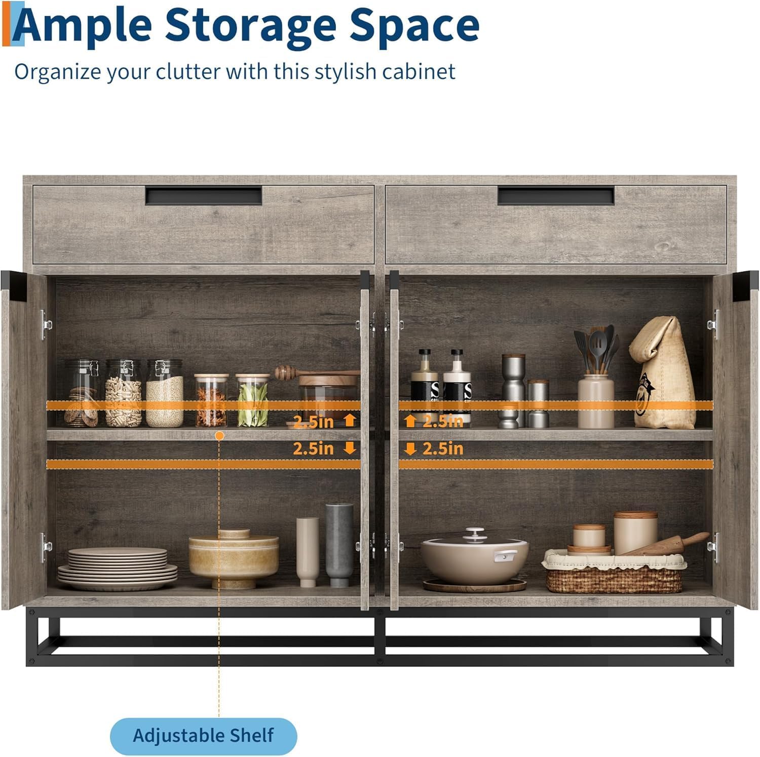 Garvee 55" Modern Wood Sideboard Buffet Cabinet with 4 Doors and Adjustable Shelves for Kitchen, Grey