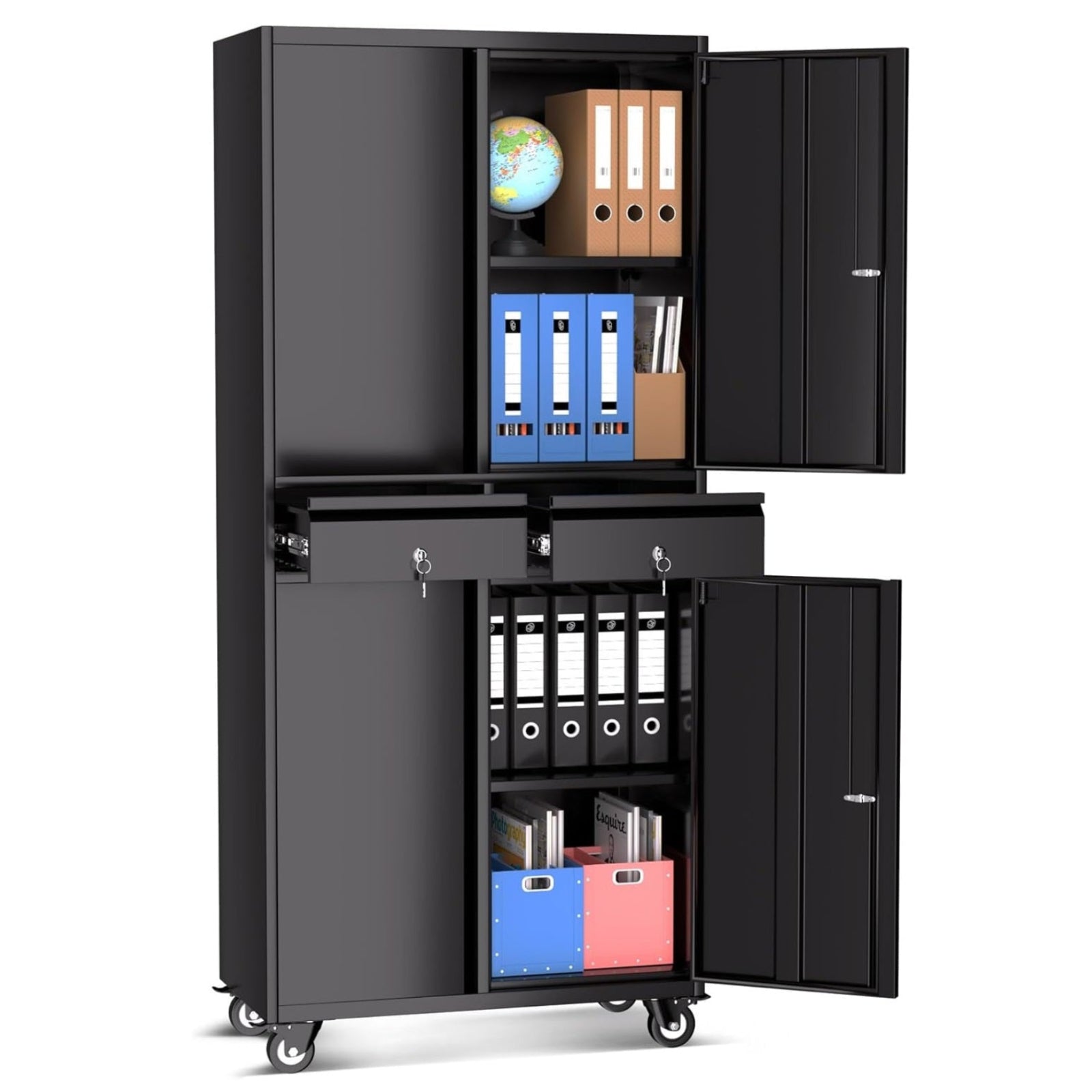 Garvee Heavy Duty 73" Metal File Cabinet with Lockable Wheels, Locking Doors, 2 Drawers, and Adjustable Shelves, Durable Mobile Storage Locker for Office Garage & Workshop, Black