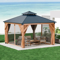 Garvee 10x10Ft Wooden Hardtop Gazebo, Double Metal Roof, Permanent Pavilion with Curtains & Netting, Heavy Duty Gazebo with 4.7'' Reinforced Poles, Spruce Wood, Outdoor Gazebo for Patio, Backyard, Garden