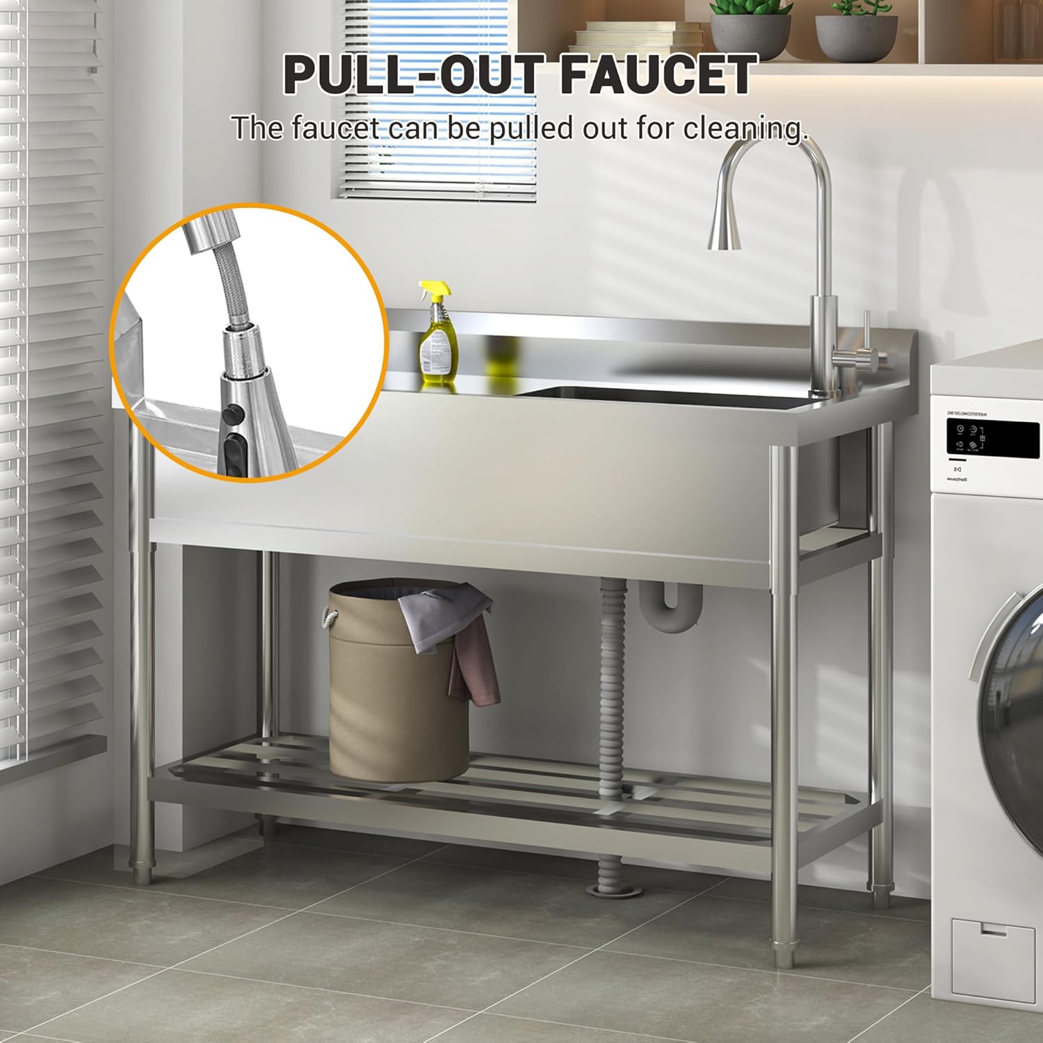 Garvee 47"W x 20"D x 37"H Stainless Steel Utility Sink - Free Standing Single Bowl with Cold & Hot Water Faucet for Kitchen, Laundry Room, Restaurant, Garage, Garden