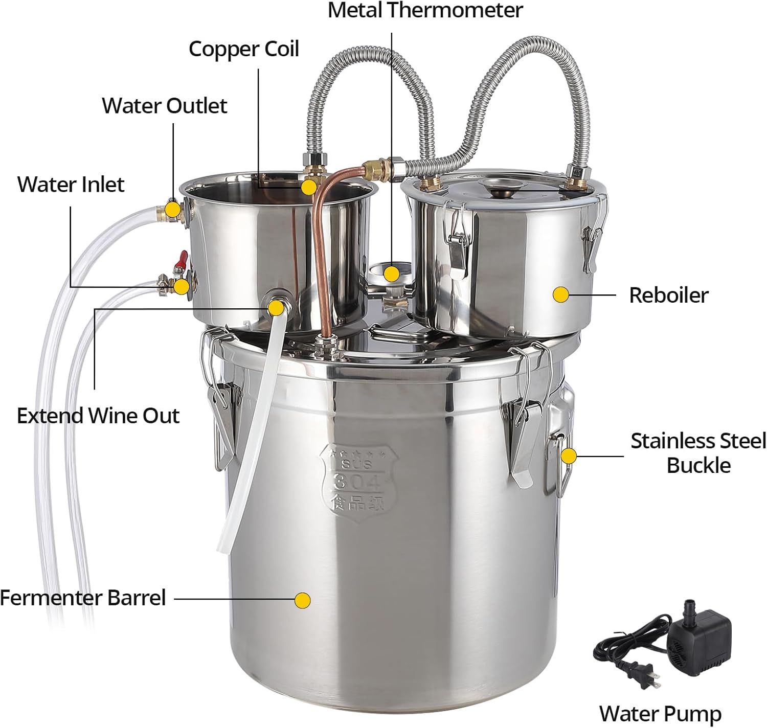 Garvee 8 Gal / 30L Alcohol Still, Stainless Steel Home Distillation Kit with Copper Tube and Built-In Thermometer, 3 Pots Multifunctional Wine Making Kit for Diy Whiskey Wine Brandy