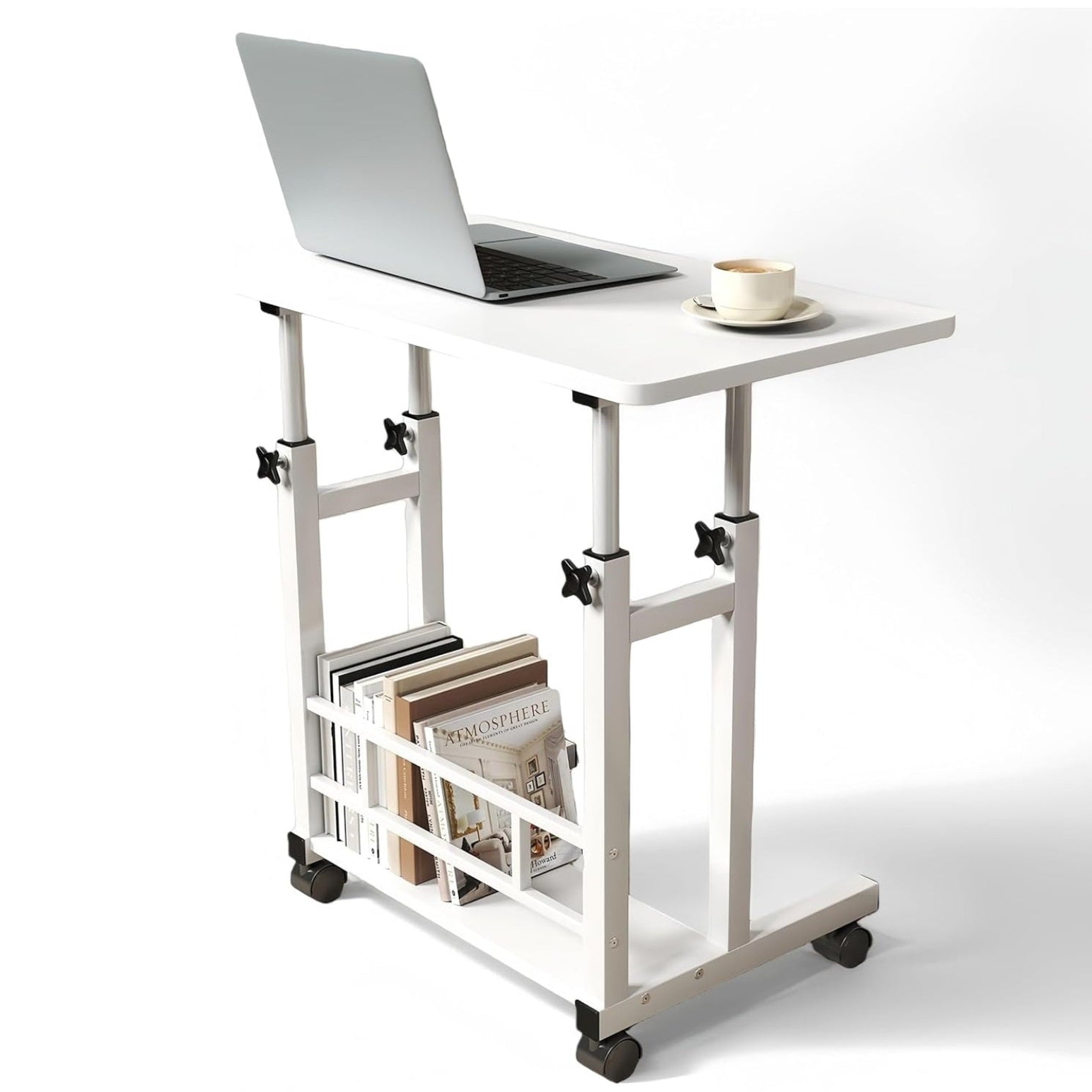 Garvee Adjustable Height Mobile Computer Desk for Small Space, Portable Rolling Writing Table with Wheels Lockable Casters, Corner Home Office Study Work Standing Desk for Bedrooms, White