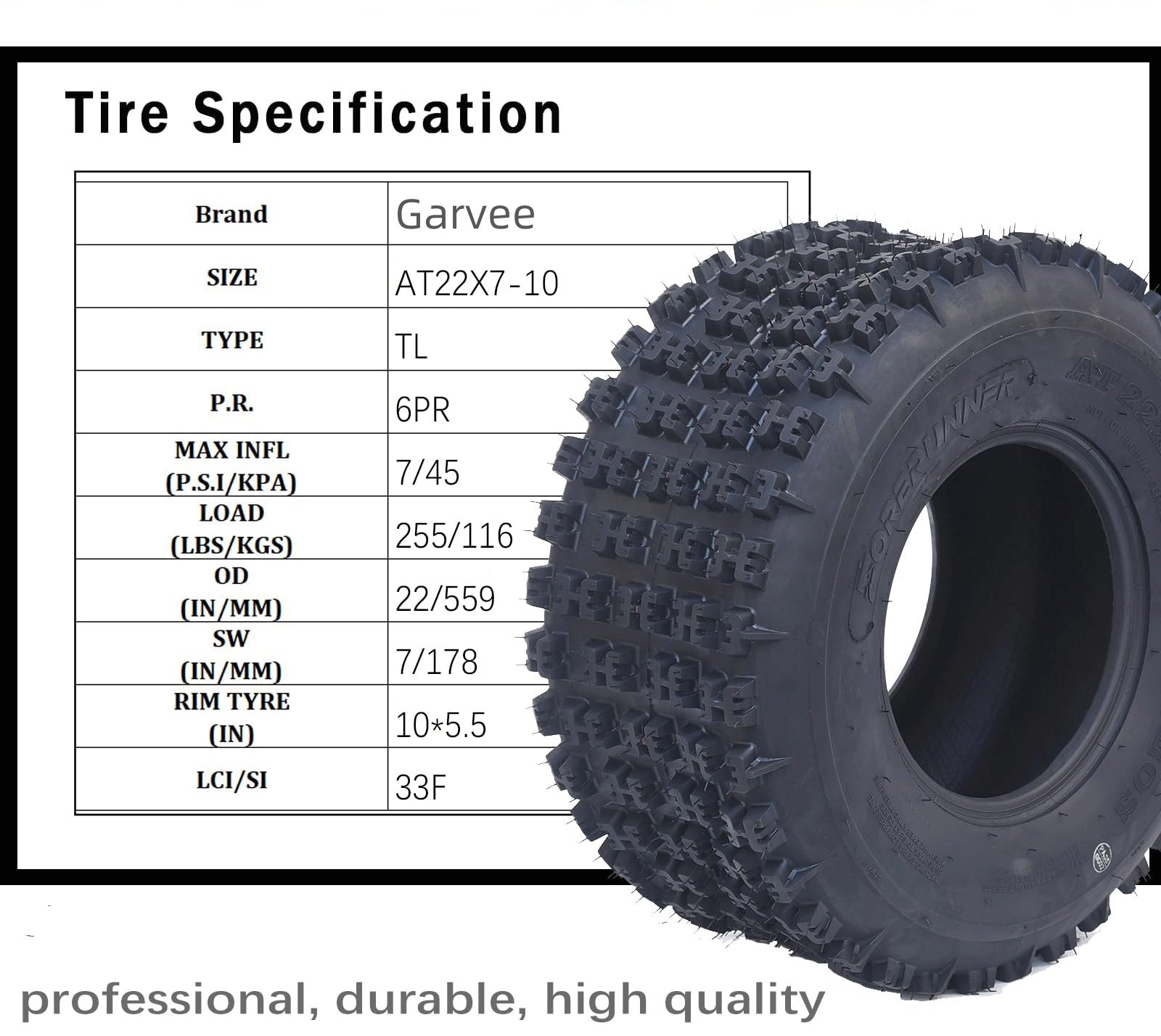 Garvee Set Of 4 ATV UTV All-Terrain Tires 22x7-10 Front 20x11-9 Rear 6-Ply Tubeless