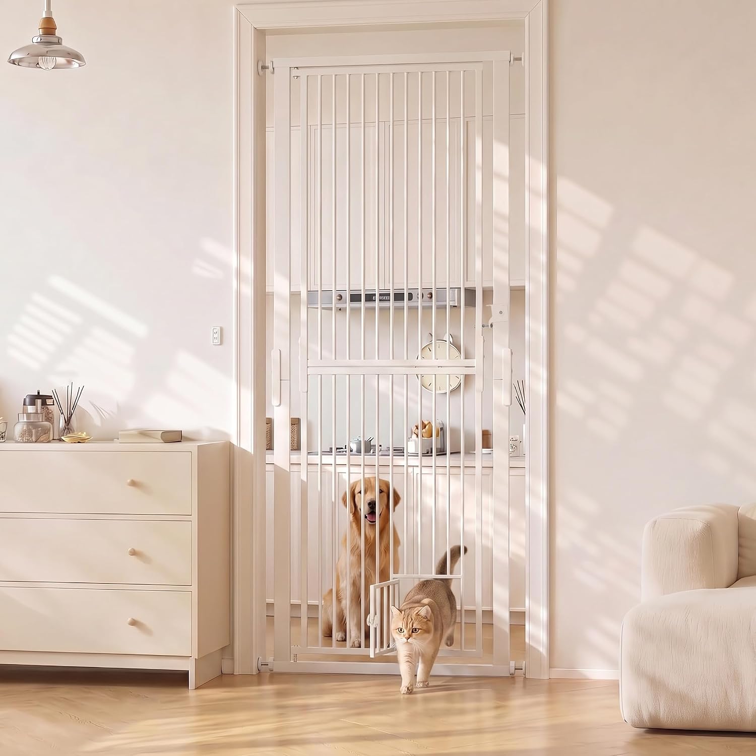 71" Extra Tall Pet Gate for Cats, 30.3-40.9'' Width Adjustable Pet Door | No-Drilling Pressure Mounted, Cat Gate with Door for Stairs, Doorways, Kitchen, 4 Extensions Kits