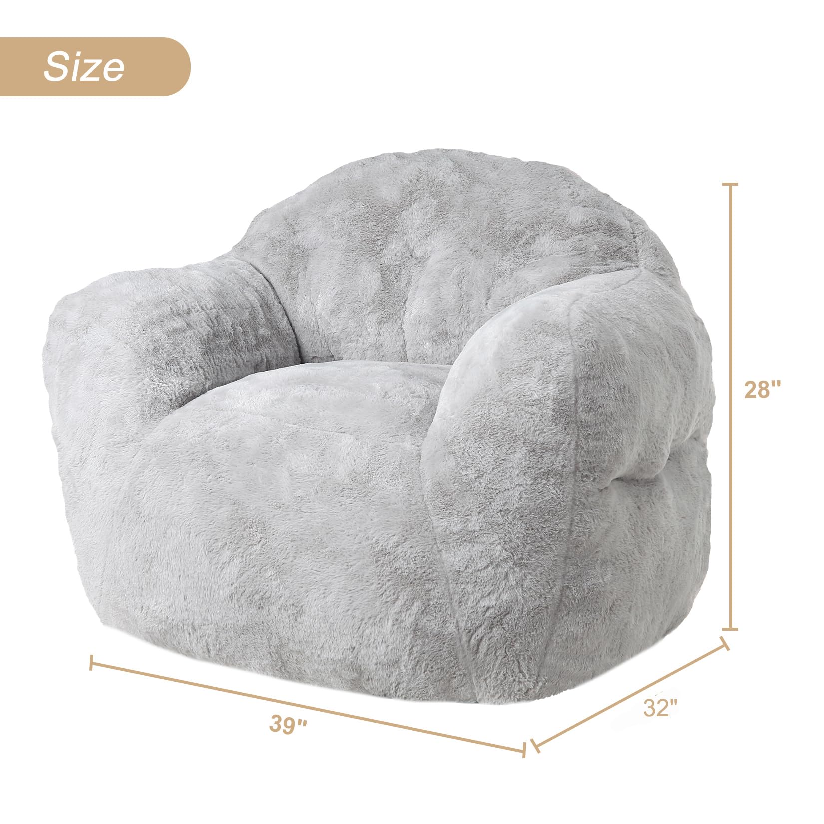 Gray bean bag chair dimensions: 39" width and 32" depth