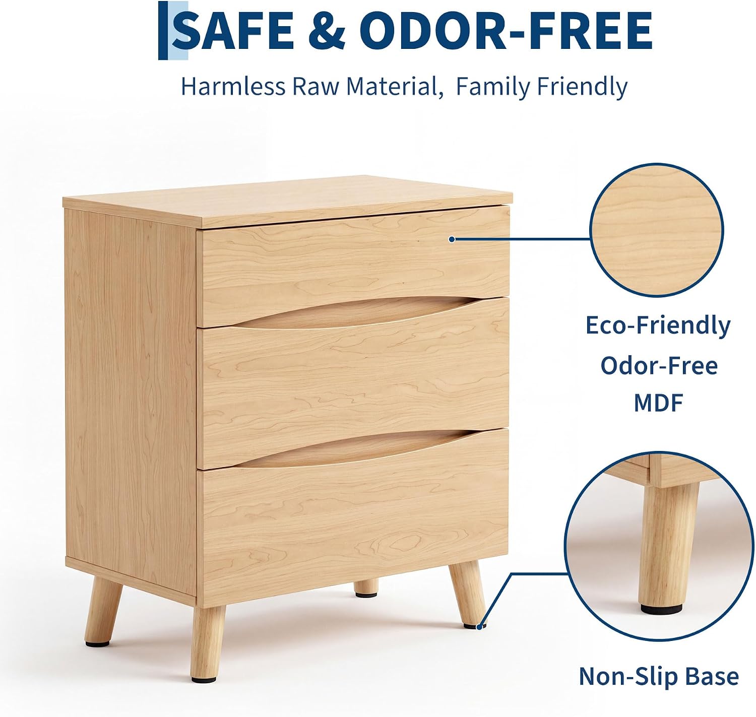 Garvee Compact 3-Drawer Bedside Cabinet Bedside Table - Space-Saving Storage End Table Cabinet, Sturdy Frame, Easy Assembly - Natural Wood Color