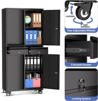 Garvee Heavy Duty 73" Metal File Cabinet with Lockable Wheels, Locking Doors, 2 Drawers, and Adjustable Shelves, Durable Mobile Storage Locker for Office Garage & Workshop, Black