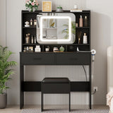 Garvee Vanity Desk with Sliding Mirror, Makeup Desk and Stool with Lights in 3 Colors, Girls Vanity Table with Charging Station, 2 Drawers & Storage Shelves for Bedroom, Black - black