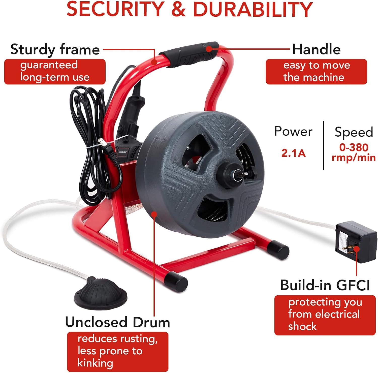 Garvee 50Ft x 5/16 Inch Drain Cleaner Machine, Electric Drain Auger Professional for 3/4 to 3 Inch Pipes