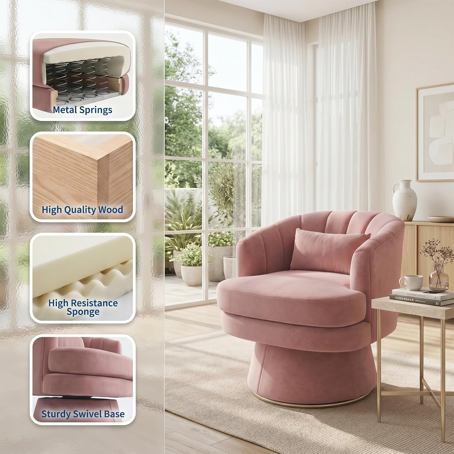 Garvee 360° Swivel Barrel Accent Chair with Lumbar Pillow, Soft Upholstered Single Armchair, Round Base for Living Room/Bedroom/Vanity - With lumbar pillow | velvet | pink