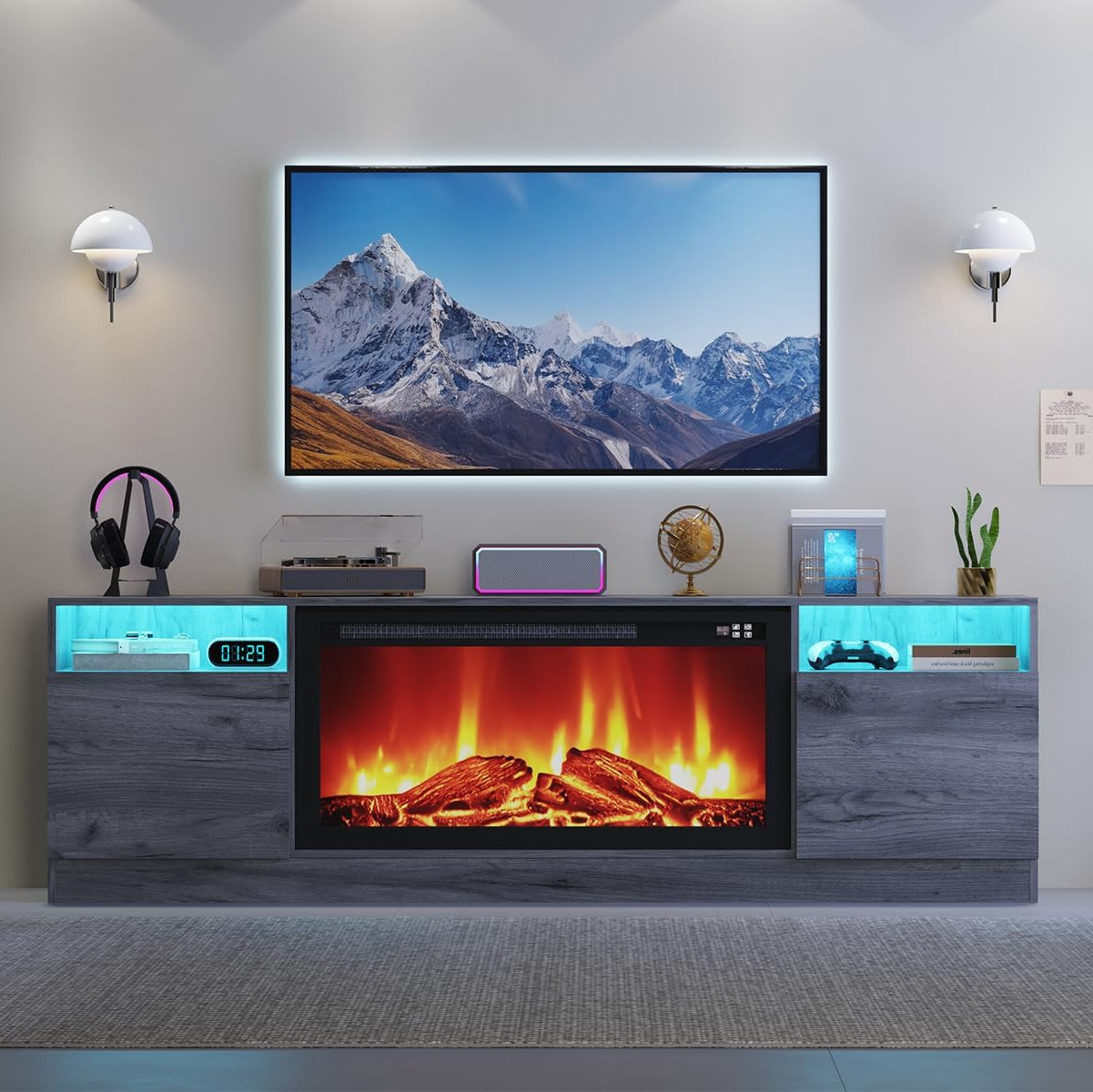 Garvee Modern TV Stand for TV Up to 75" TV, 70" Grey Television Console Table Cabinets with Storage,Wooden Entertainment Center for Living Room, Fits Into 36'' Electric Fireplace(Not Included Fireplace)