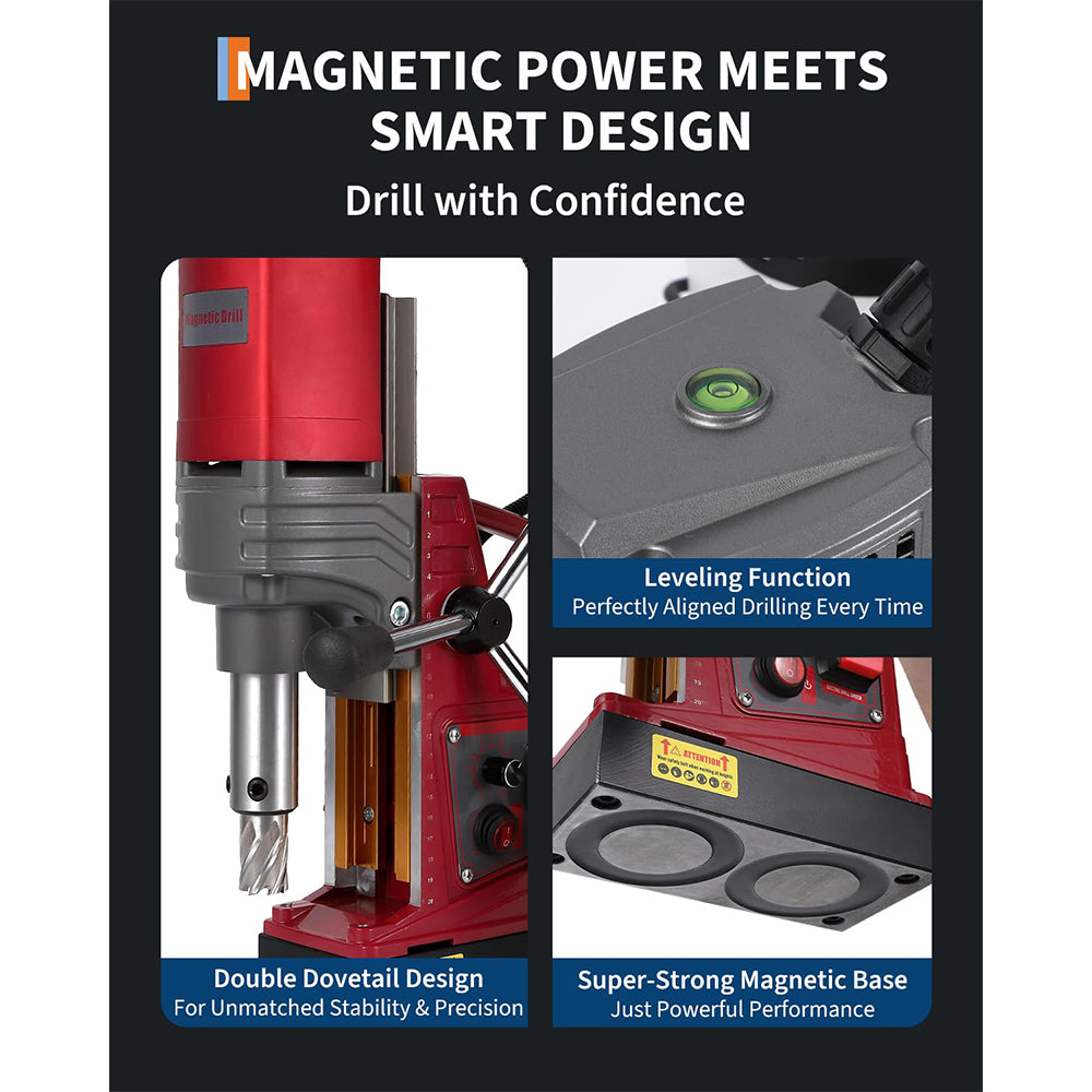 Garvee Magnetic Drill Press - 1.57" Boring Diameter, 820 RPM, 2922 lbf/13000N, 1450W Portable Drill Kit with 10-Speed Adjustment, Double Dovetail, and Adapter for Home and Industrial Use