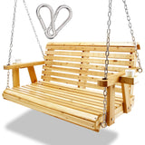 Garvee 2-Seater Wooden Porch Swing with Hanging Chains - Outdoor Patio Swing Bench with Cup Holders for Porch, Garden, Courtyard, Balcony - Wood