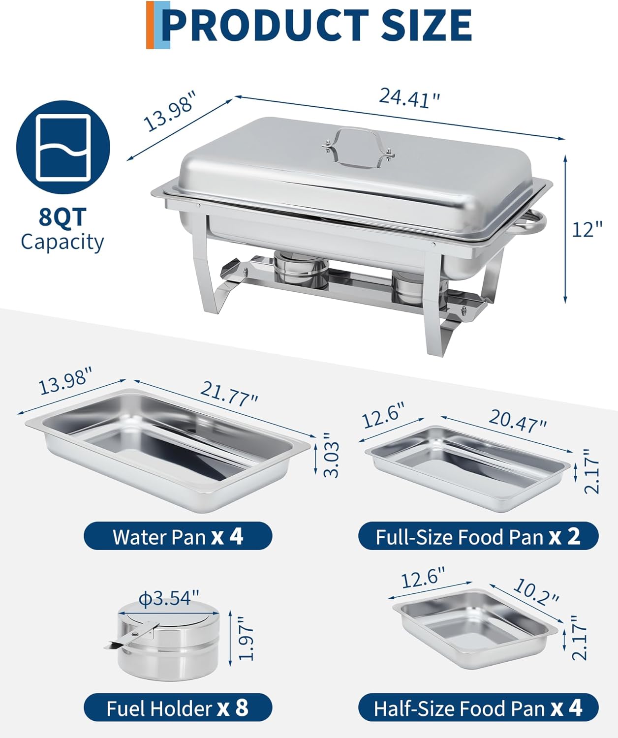 Garvee 4-Pack Stainless Steel Chafing Dish Buffet Set - 8QT Large Square Food Warmer for Catering, Weddings & Home Parties, Silver, 24.4x14x12 Inches