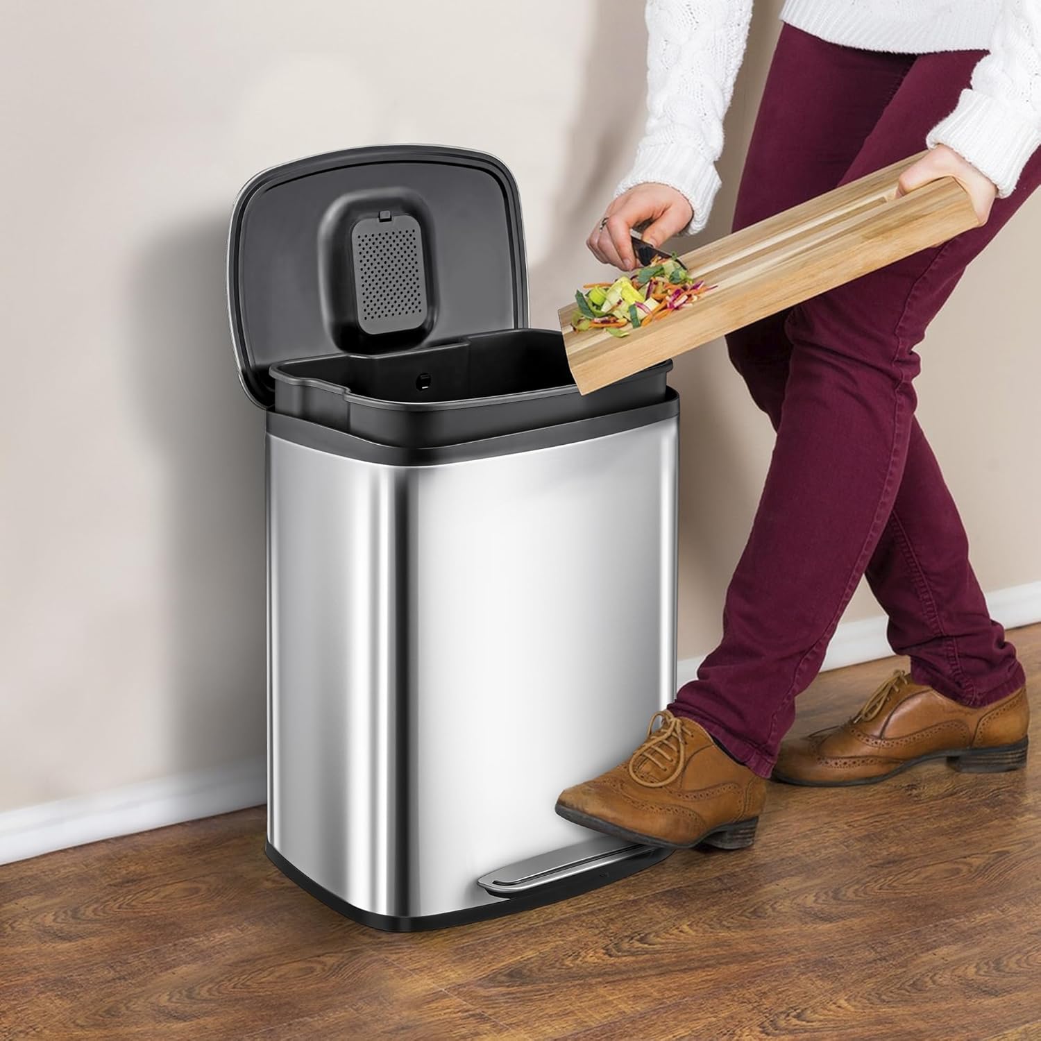 Garvee 13Gal Stainless Steel Kitchen Trash Can, 50L Pedal Heavy Duty Hands-Free Garbage Can, Commercial Brushed Step Waste Bin for Bathroom Bedroom Home Office