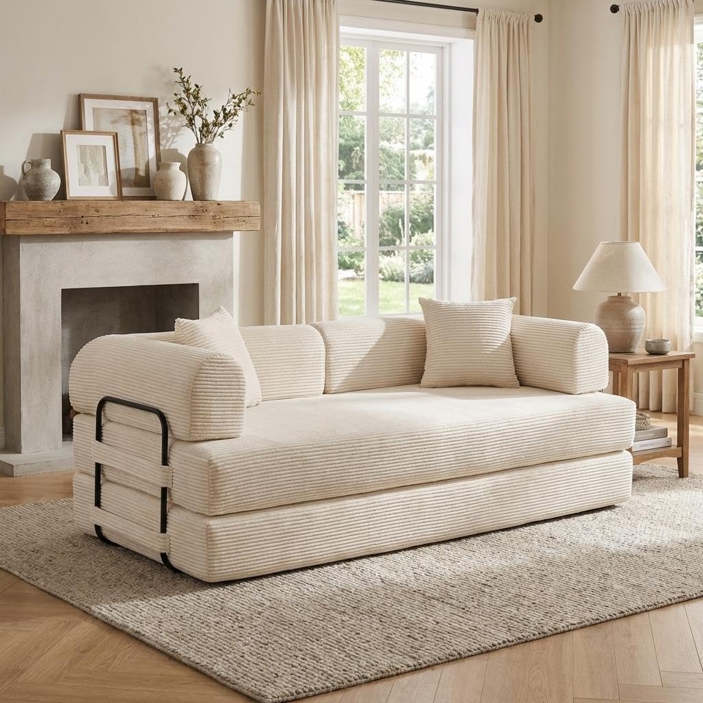 Garvee 4-in-1 Convertible Sleeper Sofa Bed, 79" Corduroy Folding Couch with Deep Seat, Boneless No Assembly Floor Sofa for Apartments, Living Room & Guests, Beige