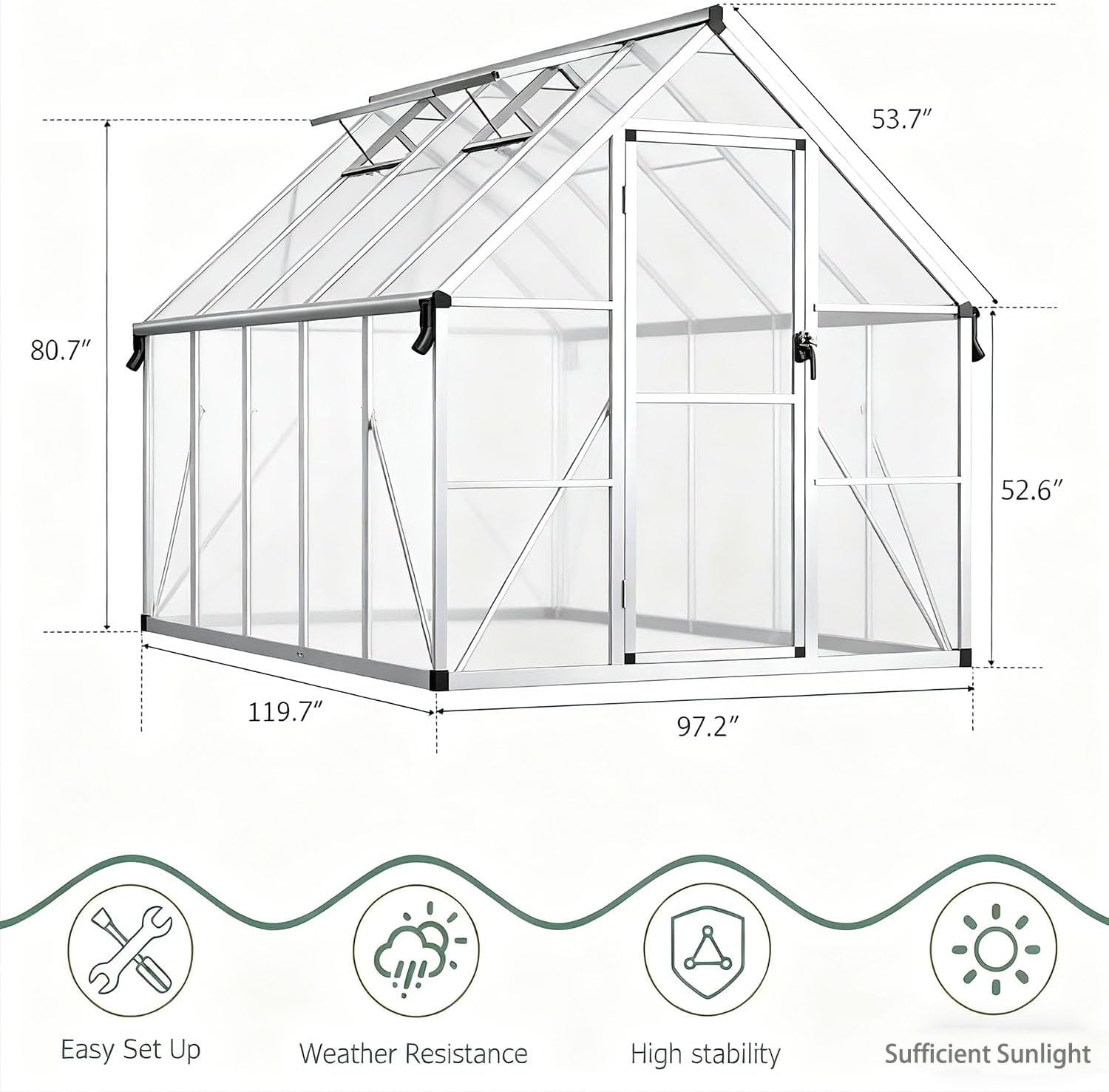 Garvee 8'X10' Silver Large Enhanced Aluminum Greenhouses Kit for Outdoors, Aluminum-Framed Polycarbonate Greenhouse, Heavy Duty Polycarbonate Greenhouse with Quick Setup Structure and Roof Vent