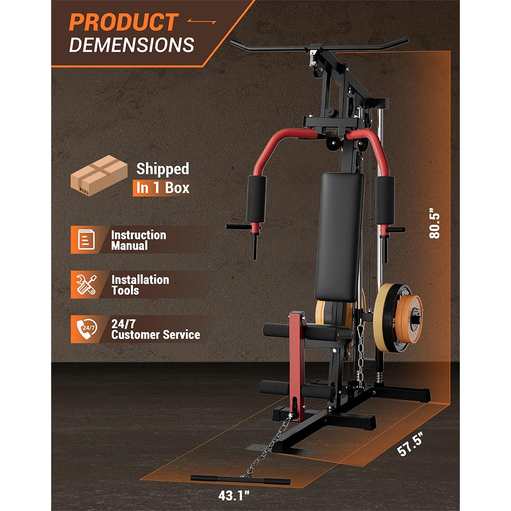 GARVEE Home Gym Machine, Multifunctional Full Body Workout Equipment with Pulley System,Leg Press Support for Strength Training, Workout Station Suit for 1“&2” Holes of Weight Plates (Not Includ), Red&Black