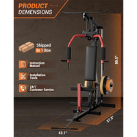 GARVEE Home Gym Machine, Multifunctional Full Body Workout Equipment with Pulley System,Leg Press Support for Strength Training, Workout Station Suit for 1“&2” Holes of Weight Plates (Not Includ), Red&Black