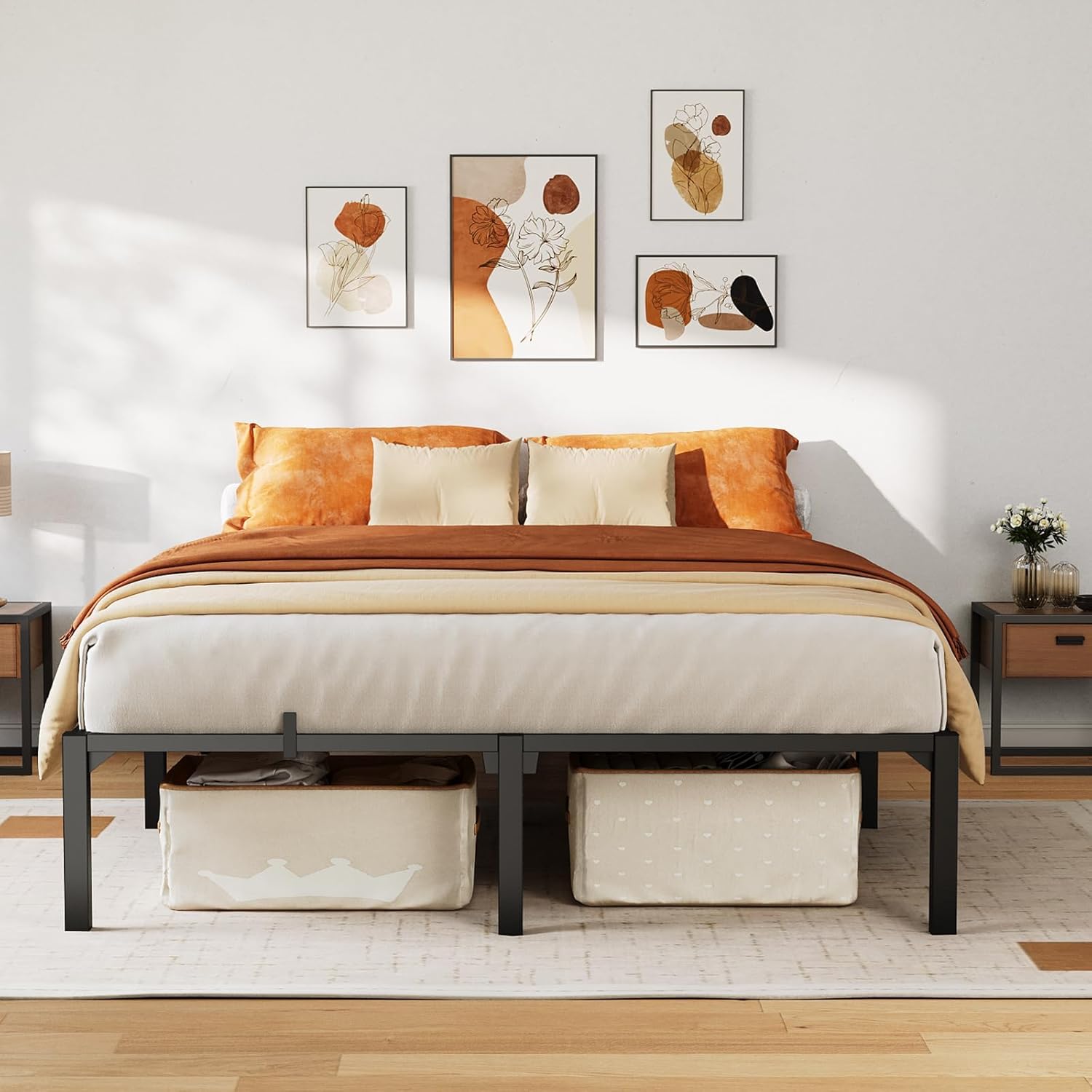 Garvee Heavy Duty Queen Size Bed Frame 16 Inch Hight, Metal Platform Bed Frame with Reinforced Slats Support, 800 Lbs Load Capacity, Noise Free, No Box Spring Needed and Screws, Tool-Free Assembly