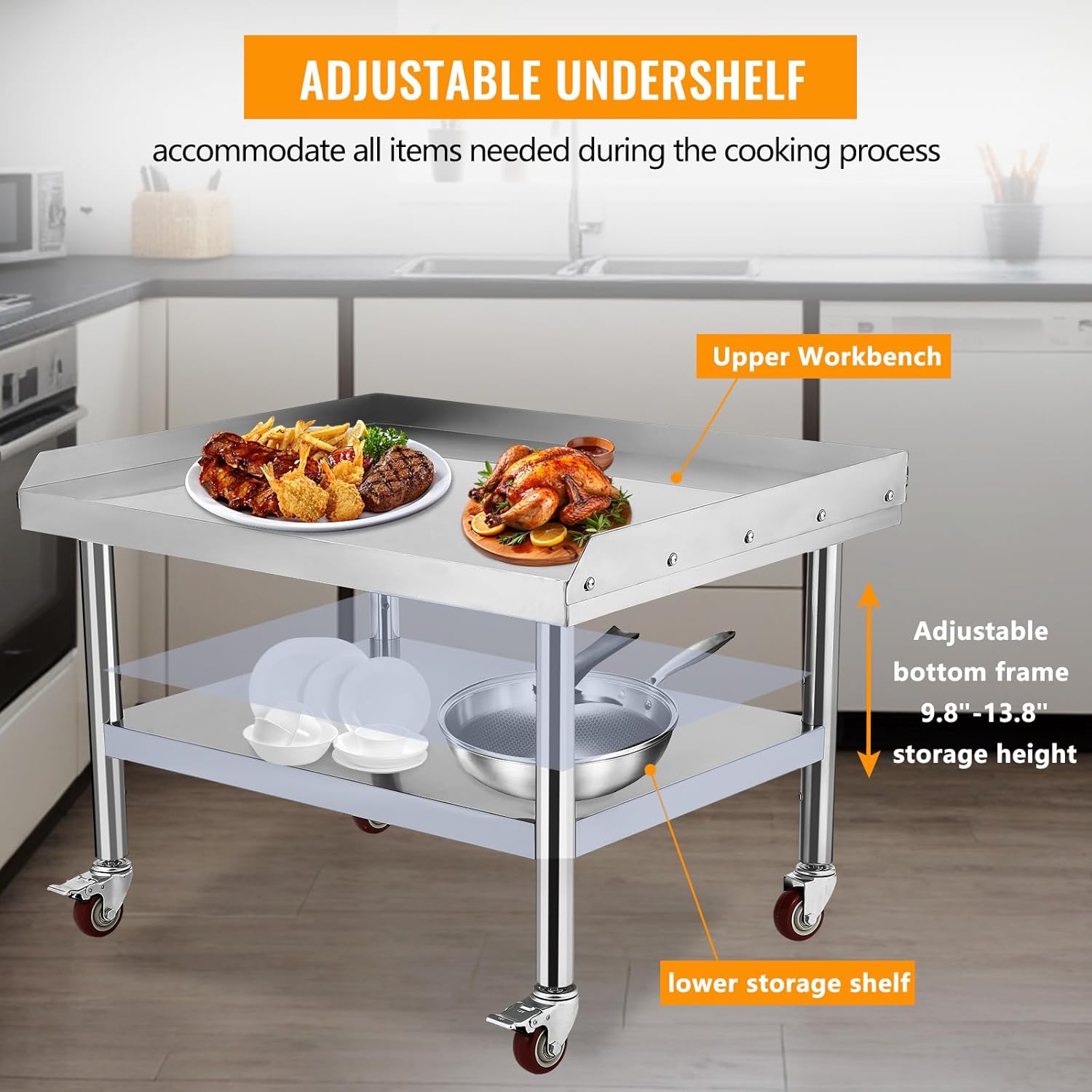 GARVEE 24"L x 24"W x 24"H Stainless Steel Equipment Grill Stand Table - 1000 lbs Top Shelf, 220 lbs Bottom Shelf, 2" Edge Baffle, with Wheels for Home, Hotel, and Commercial Kitchens