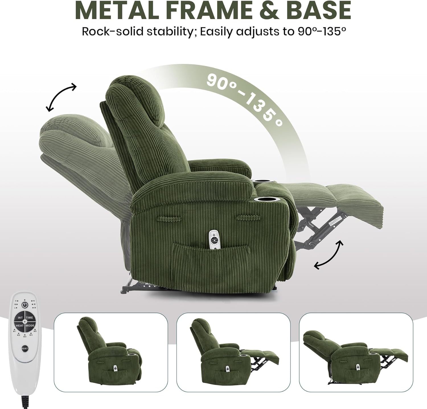 Garvee Electric Recliner Chair with Massage and Heat, Ultra-Comfortable 135° Adjustable Reclining Sofa for Living Room & Bedroom, with Cup Holders & Pockets, Corduroy Green
