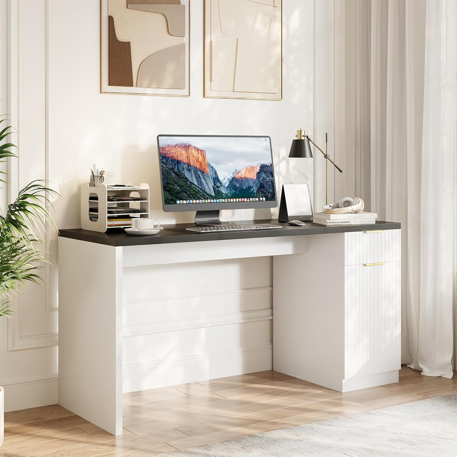 Garvee Executive Desk with Drawer and Power Outlet, 61" Large Farmhouse Computer Desk Home Office Wood Executive Desk with Adjustable Shelf for Work Study Writing,White and Black