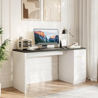 Garvee Executive Desk with Drawer and Power Outlet, 61" Large Farmhouse Computer Desk Home Office Wood Executive Desk with Adjustable Shelf for Work Study Writing,White and Black