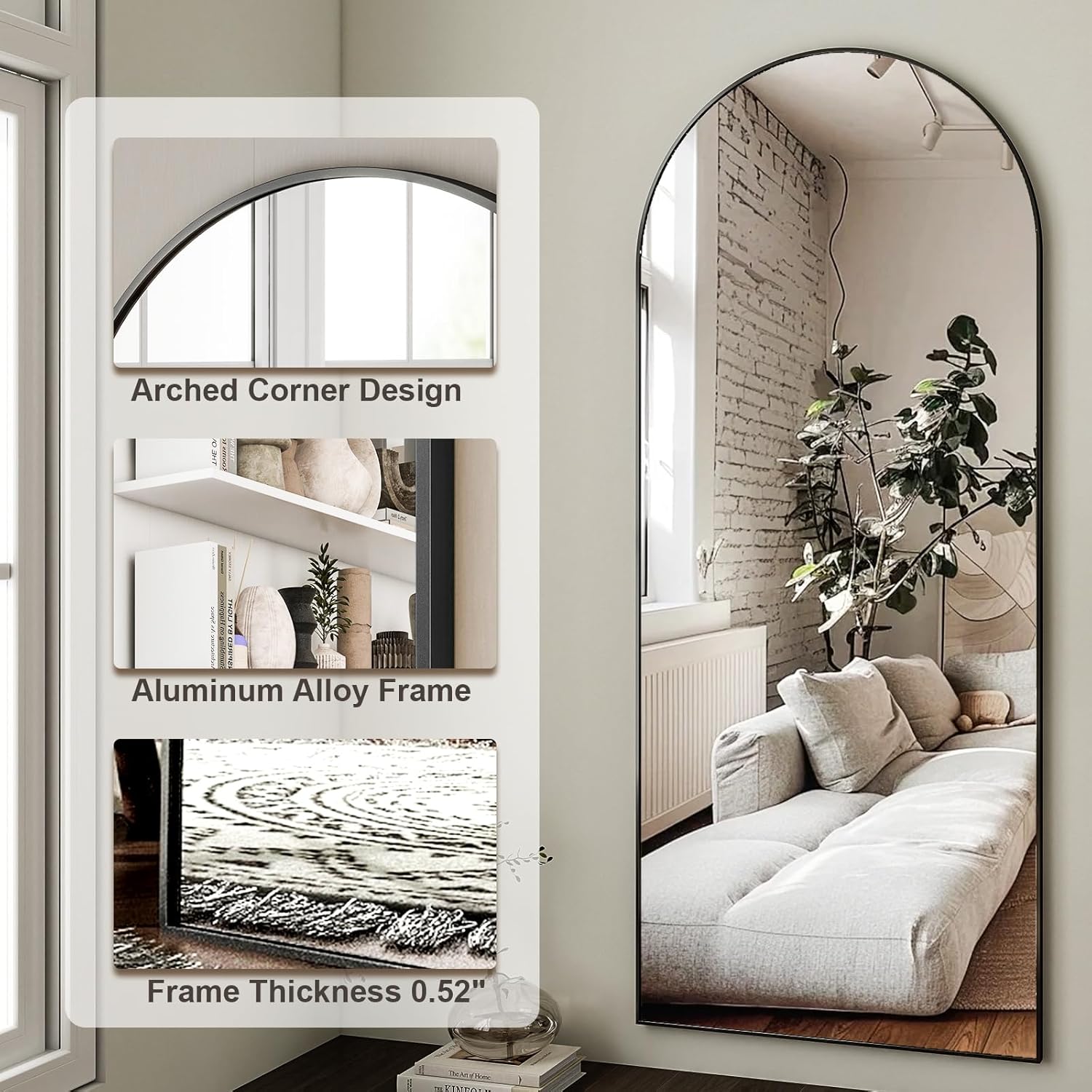 Garvee Arched Full Length Mirror 65"x22" Mirror Standing Hanging or Leaning Wall, Full Body Floor with Stand Aluminum Alloy Thin Frame for Bedroom