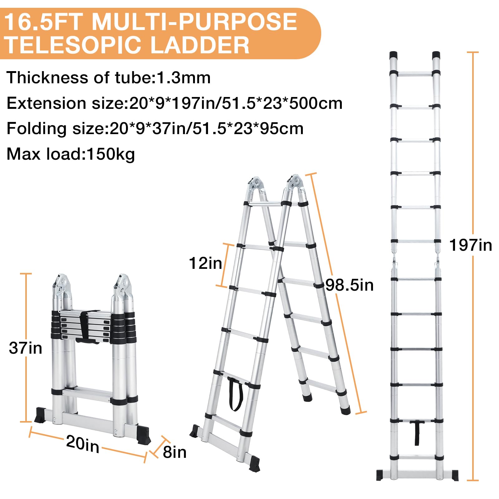 GARVEE 16.5FT telescoping ladder dimensions with folded and extended size details