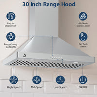 Range Hood 30 inch, Wall Mount Range Hood in Stainless Steel, Ducted/Ductless Convertible Duct, Kitchen Hood w/Baffle Filters, 3 Speed Fan, LED Light, Push Button Control