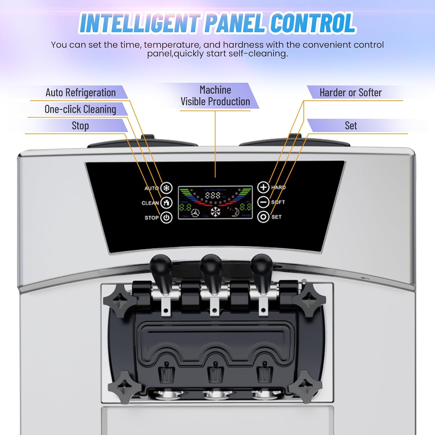 Garvee 2200W Commercial Soft Serve Ice Cream Machine - 8Gal/H High Output, 3-Flavor Mix & Auto-Clean for Cafes, Food Trucks, Snack Bars (LCD Display, 65dB Quiet)