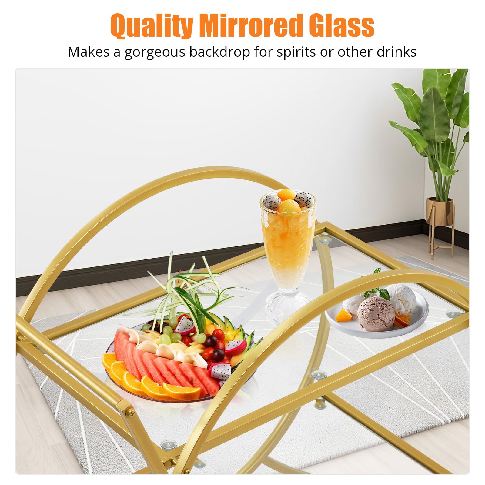 Metal Wine Cart: Round, 2 Mirrored Shelves, Rolling Design