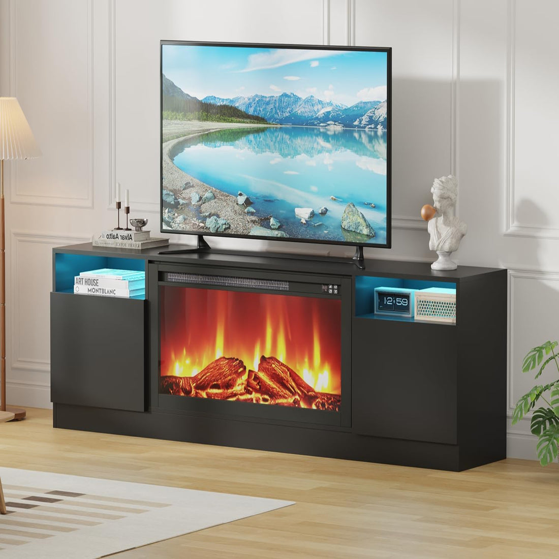 Garvee Modern Entertainment Center with Storage Cabinet Up to 75"TV, Modern TV Stand for Living Room, Black (Not Include Fireplace)