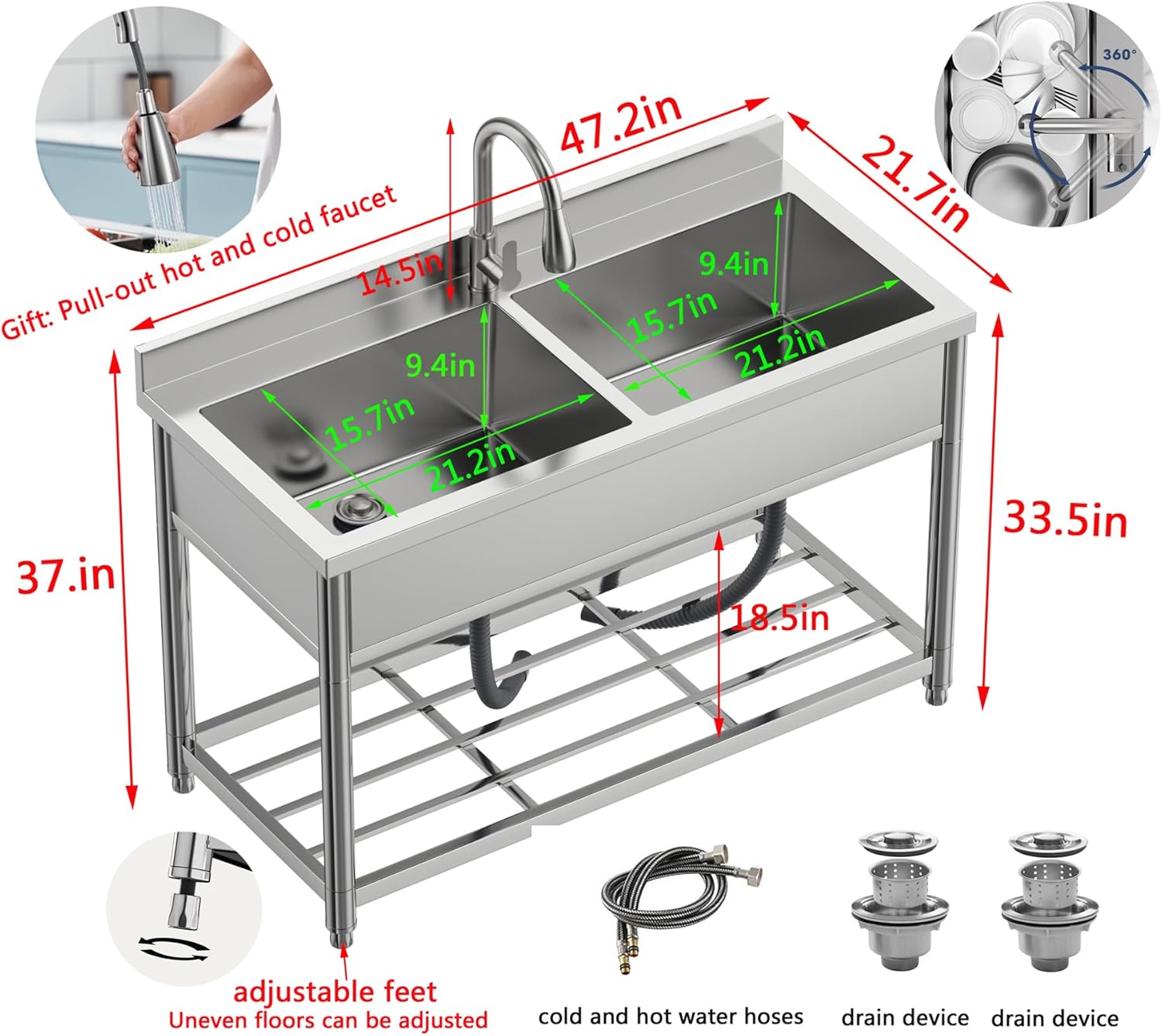 Garvee 22"D x 47"W x 37"H 2-Compartment Commercial Sink, Stainless Steel Utility Sink with Pull-out Faucet, Free Standing Double Bowl Kitchen Sink for Restaurant, Garage, Shop, Cafe, Outoor