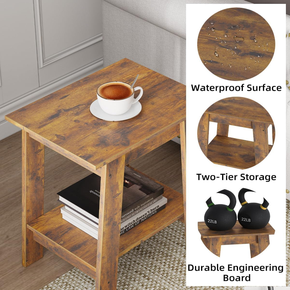 Garvee End Table, Small Side Table, Nightstand With 2-Tier Storage Shelf, Wood Bedside Table, Narrow Side Table Living Room, Side Table for Small Spaces, Bedroom, Entryway, Farmhouse, Rustic Brown